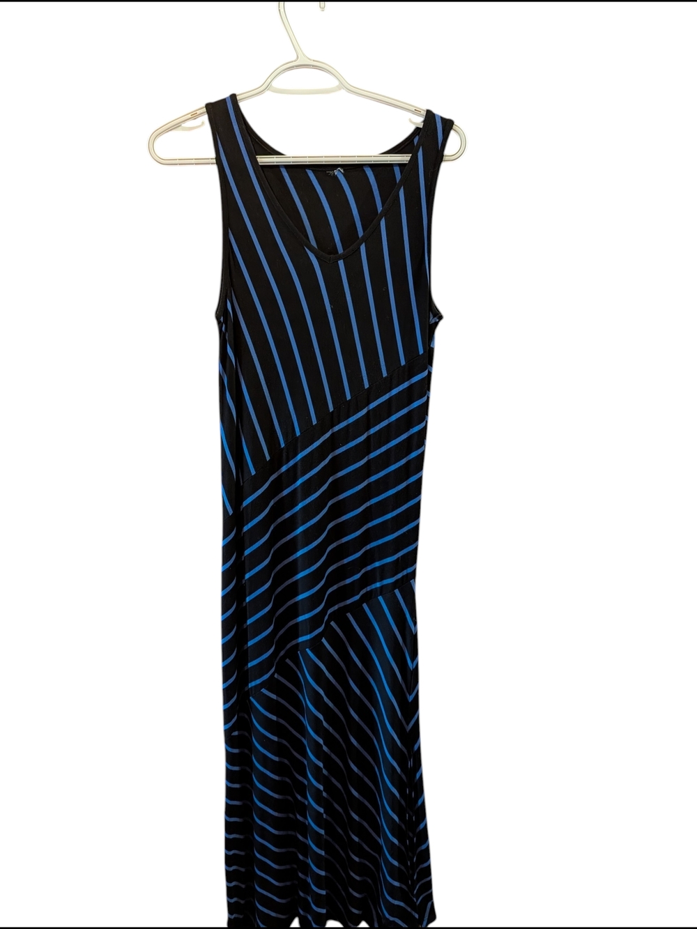 Sleeveless Black and Blue Striped Maxi Dress